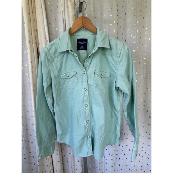 American Eagle Women's Mint Corduroy Snap Button Down Trucker Shacket Jacket M - Picture 2 of 7